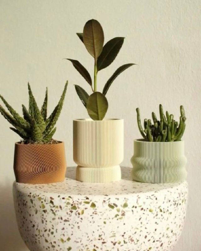 Разные керамические горшки для домашних растений: светлые и текстурные формы на небольшой подставке, акцент на фактуре