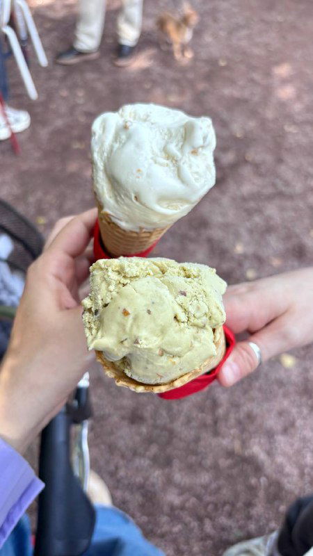 Два рожка мороженого фисташкового и с солёным арахисом в руках автора на фоне летнего парка — текстура и цвет порции крупным планом.