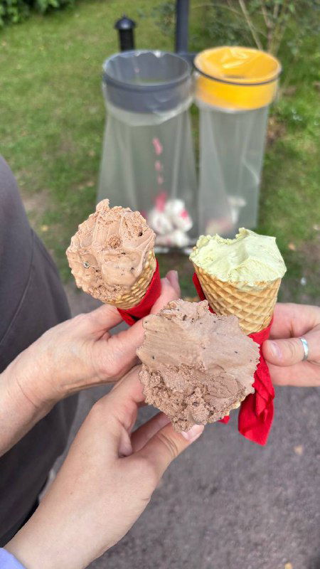 Три рожка джелатто разных вкусов в руках — шоколадный, фисташковый и ещё один светлый, фото в парковой обстановке.