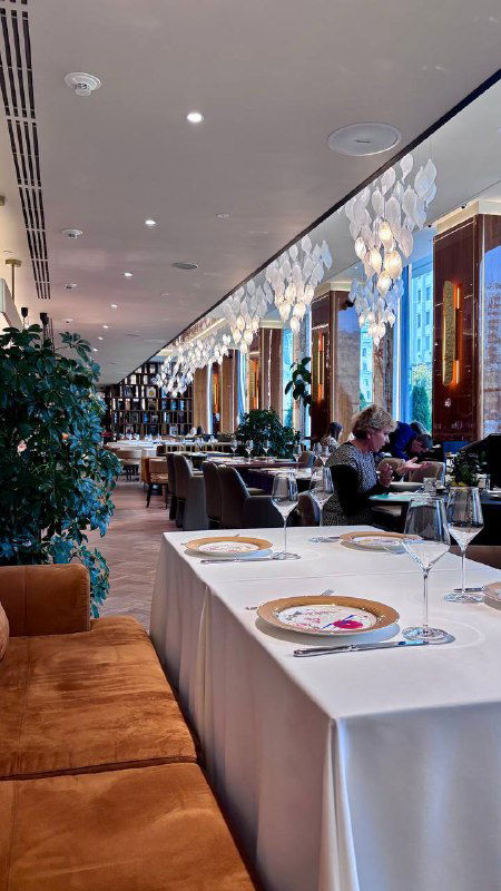 Интерьер ресторана: длинный зал с сервированными столами, люстрами и растениями — спокойная атмосферa заведения у метро Парк культуры.