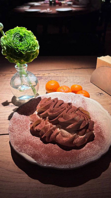 Шоколадный десерт и мусс на тарелке рядом с зелёным цветком и маленькими мандаринами — фокус на текстуре и подаче блюда.