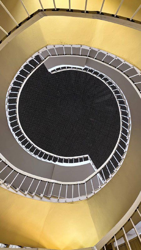 Крупный план круглого оконного проема над лестницей и верхнего кольца балюстрады — архитектурная симметрия и игра света в библиотечном пространстве.