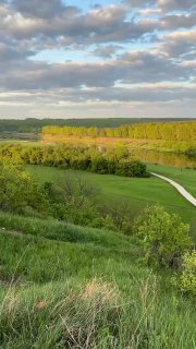 Панорамный вид с холма на зелёные поля, реку и лесную кромку в Липецкой области, широкое небо с облаками.