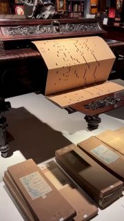 Фрагмент механического инструмента с пробивной перфолентой и стопками упаковок/документов — музейный экспонат самоиграющего устройства.