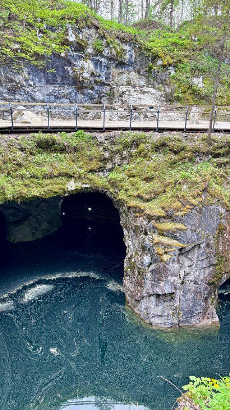 Темный вход в грот или штольню у воды, сверху мох и корни, вода глубокого бирюзового цвета — атмосферный кадр карельского рельефа.