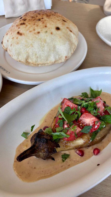 Крупный план: надутый лаваш рядом с овальной тарелкой с запечённым баклажаном, гранатовые зерна и зелень — аппетитный фуд-стайлинг в Claudia.