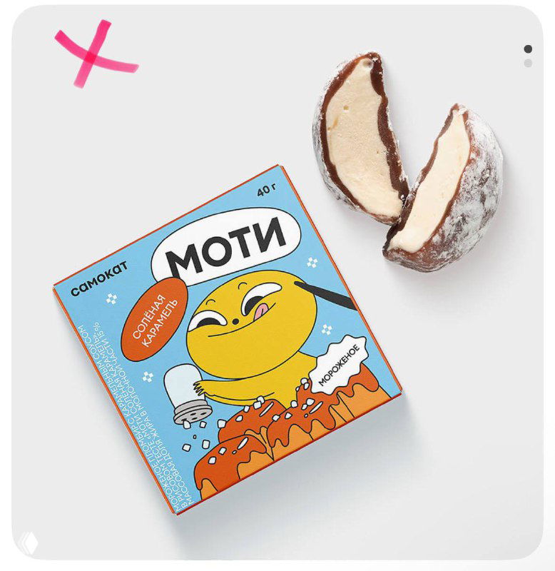 Упаковка и кусочки моти-мороженого на белом фоне: упаковка с ярким дизайном и разрезанное мороженое с мягкой начинкой, продукт Самокат.