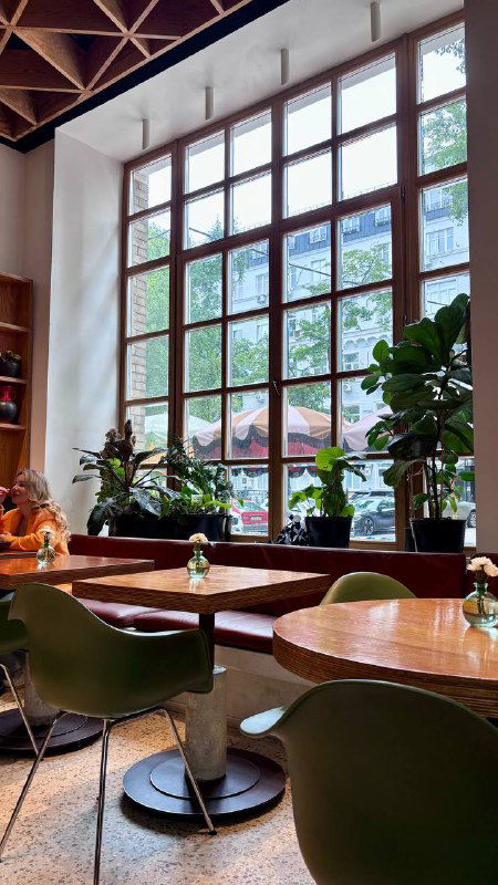 Интерьер Flaner: крупные высокие окна, деревянные столы и зелёные стулья, дневной свет заливает зал и виднеется городской пейзаж за окнами.