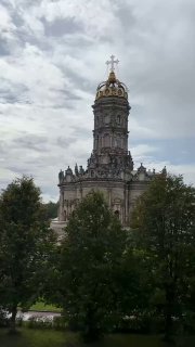 Вид со стороны парка на силуэт Знаменской церкви: купол, башенка и зеленая кромка деревьев под облачным небом.