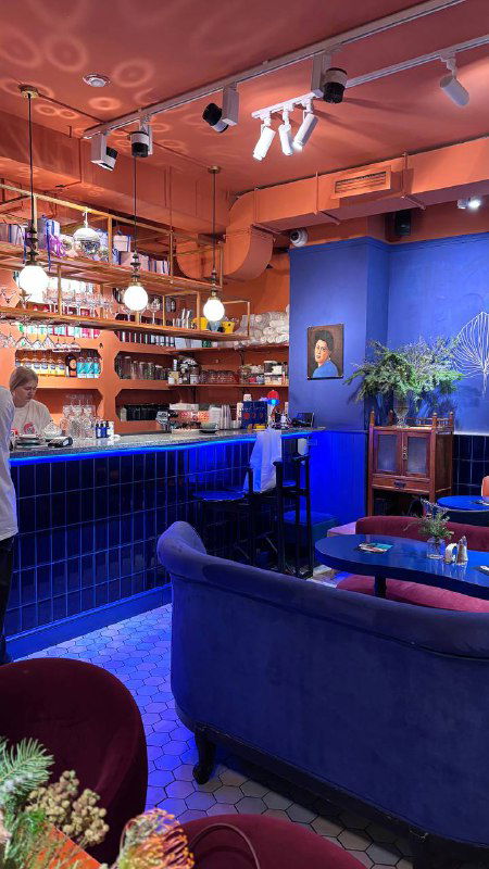 Барная зона и мягкие диваны в тёплых пастельных тонах — интерьер в стиле кинематографа и Уеса Андерсона в кафе Скворец