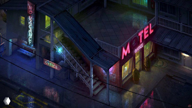 Ночной вид изометрического мотеля: неоновые вывески 'Motel' и тёмные улицы, приглушённый свет и атмосферная городская пустота.