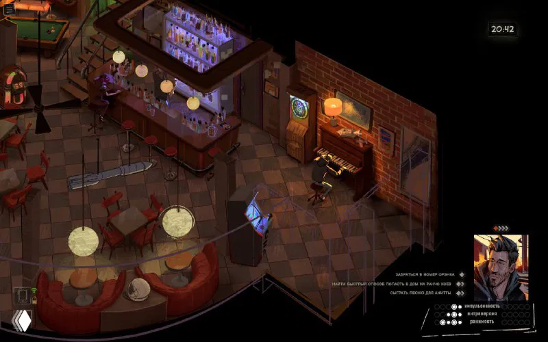 Интерьер закусочной в изометрии: барная стойка, столы и персонажи, видно UI и элементы диалогов, тёплое освещение.