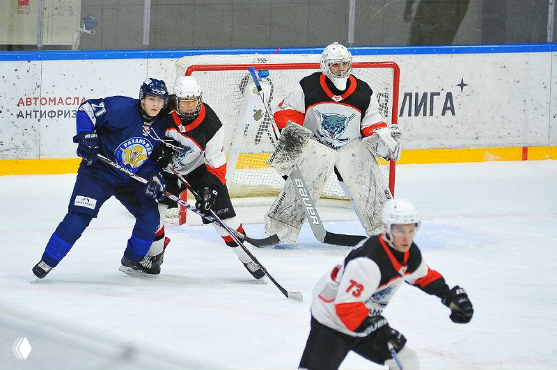 Игровая сцена у ворот: нападающие и защитники противника атакуют зону, на переднем плане вратарь готовится отразить бросок в ворота