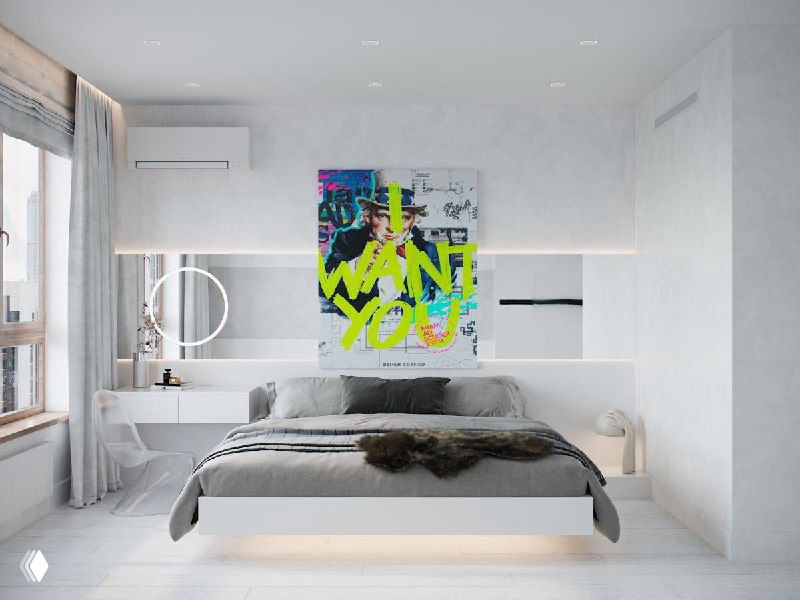 Спальня в светлой палитре с плакатом 'I WANT YOU' над изголовьем кровати, минимализм и контрастное графическое решение в декоре.