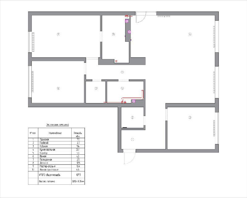 Изначальная планировка ЖК Брусника в Академическом: чертёж с постирочной и двумя ванными, варианты зон и расположение комнат до переделки.