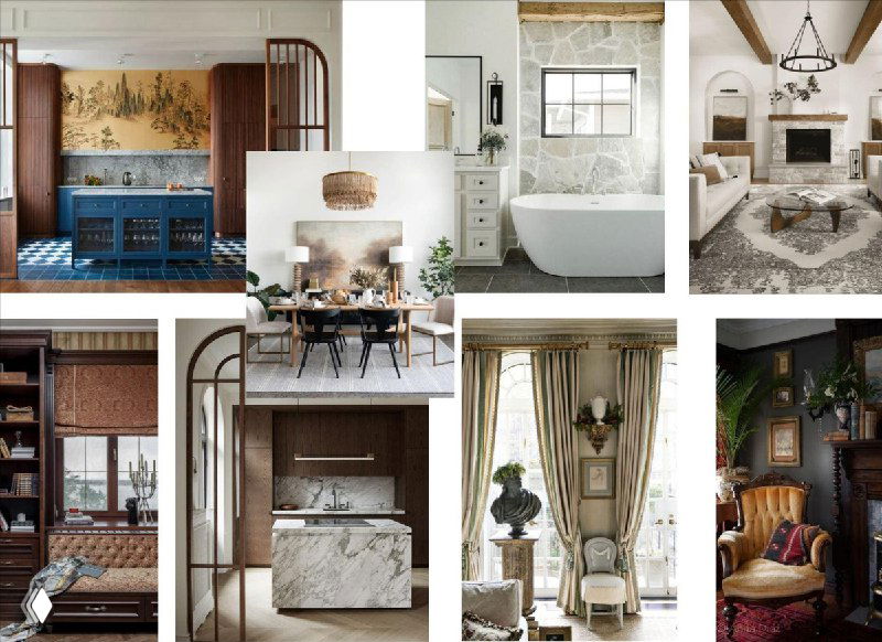 Коллаж интерьерных фото: примеры мебели, фактур и природных оттенков с яркими акцентами — визуализация симбиоза аристократичности и современности.