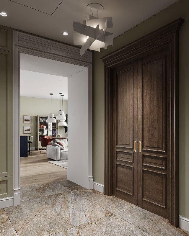 Проход из прихожей с деревянной двустворчатой дверью в жилую зону: вид на холл и открытое пространство гостиной с светом.