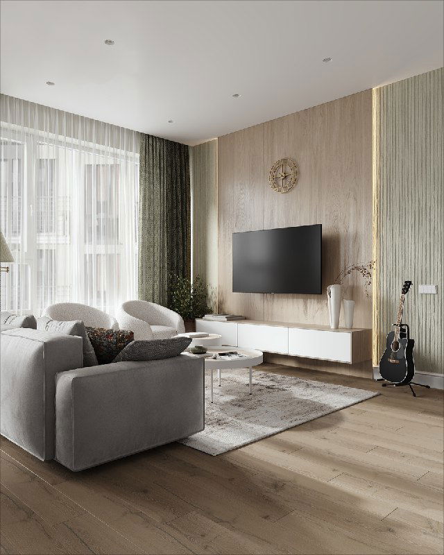 Телевизионная стена: деревянные панели с подсветкой, подвесная тумба, рельефная декоративная штукатурка и интерьерные элементы декора.