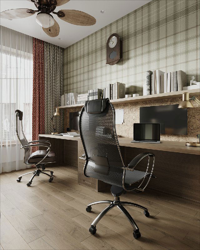 Рабочая зона для айтишника: глубокий стол с аккуратно спрятанными проводами, пробковая стена для заметок, полки с книгами.