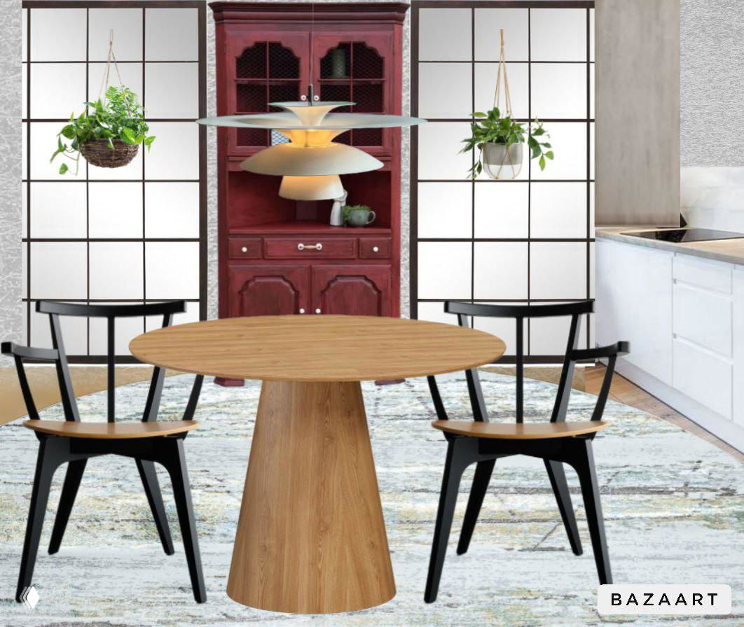 Коллаж с обеденной зоной: круглый деревянный стол, стулья и японские ширмы из рисовой бумаги в концепте композиции.