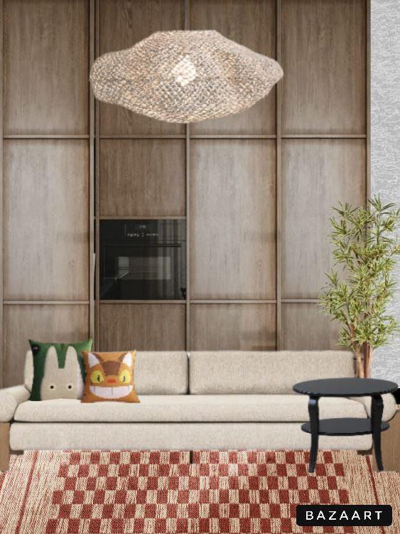 Коллаж гостиной с диваном и декоративными подушками в форме персонажей, добавляющими юмор и сказочную ноту в интерьер.