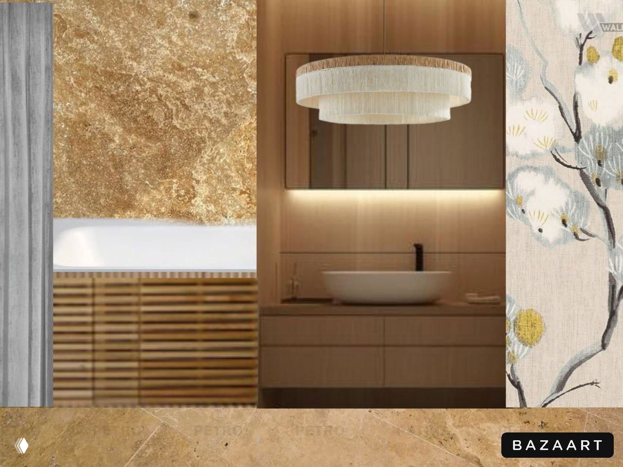 Мудборд с материалами: сочетание дерева, камня и декоративных тканей для ванной и общих зон, демонстрирующее фактуры проекта.