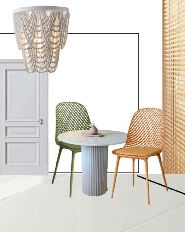 Обеденная зона проекта: круглый стол, две разноцветные плетёные стулья и хрустальная люстра, передача сочетания форм, фактур и текстур материалов.