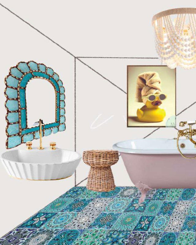 Ванная комната в проекте: пастельная ванна, бирюзовая раковина с фигурным зеркалом, яркий узорчатый ковер и неожиданный акцент — картина с дерзкой уточкой на стене.