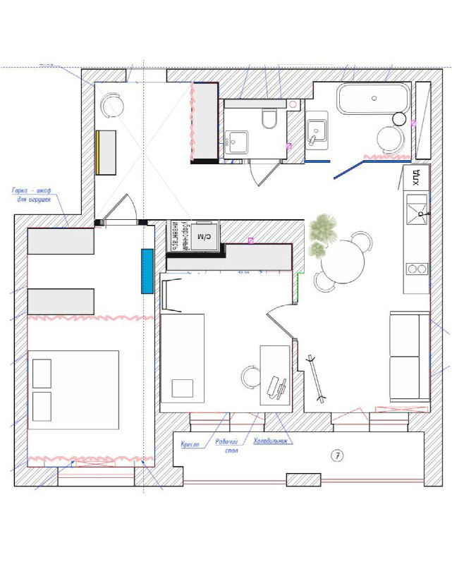 План квартиры с расстановкой мебели и зонированием: чертёж показывает как идея «итальянского пляжа» и лимонного дерева реализована в планировке и функциональном решении.