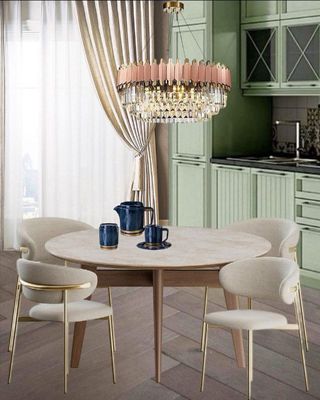 Столовая зона рядом с кухней пастельно‑зеленого оттенка: круглый стол, мягкие стулья и каскадная люстра — вариант обеденной группы проекта.