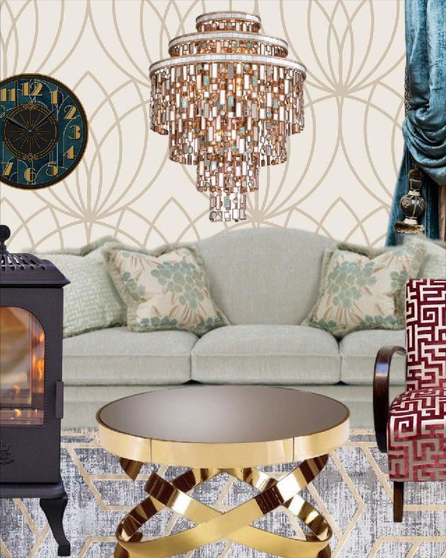 Гостиная с декоративным камином, мягким диваном, зеркальным столиком и эффектной люстрой — акцент на геометрии и золоте в отделке.