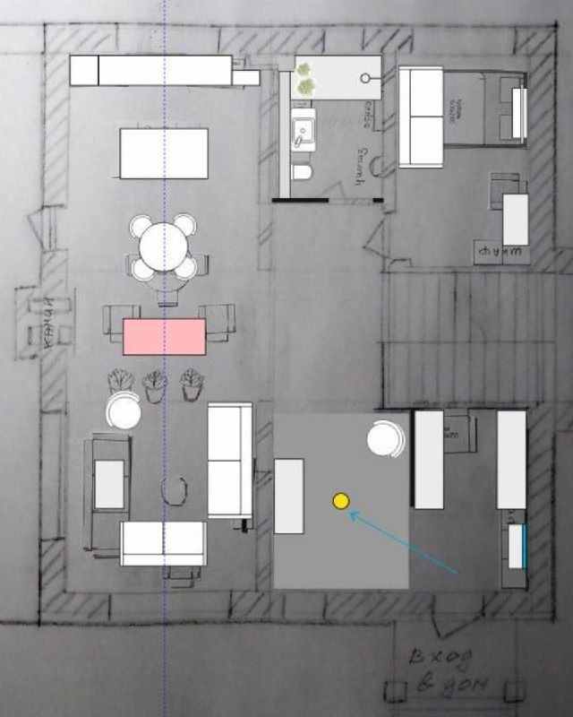 План расстановки мебели в квартире: монохромный план с подсветкой зон, обозначением мебели и потоков движения, рабочая схема перепланировки.