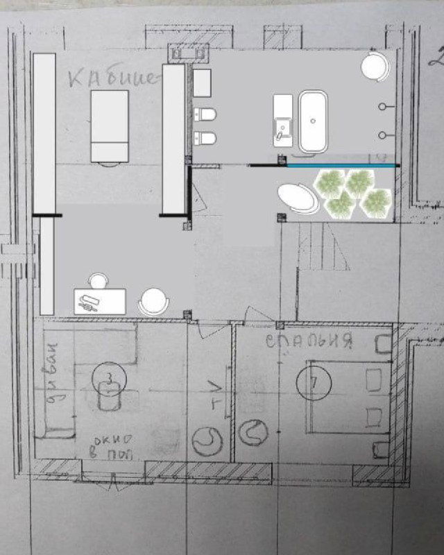 Наброски и эскизы планировок от руки: варианты зонирования, расположение сантехники и мебели для дальнейшей детальной проработки проекта.