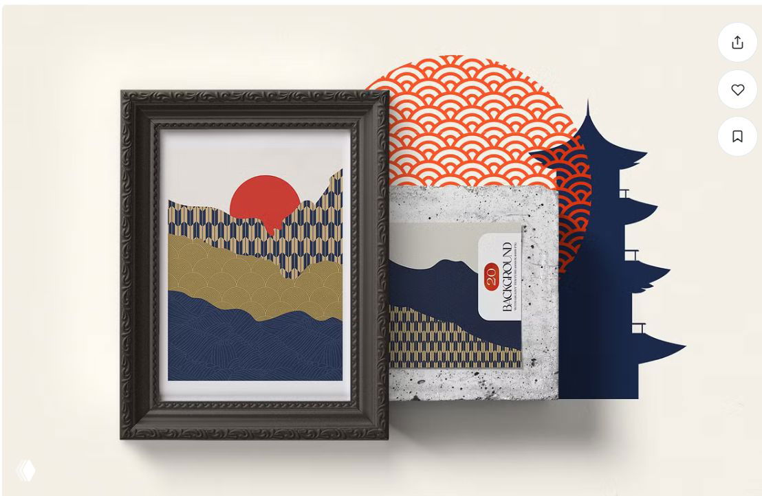 Композиция с рамкой, графическим принтом и силуэтом пагоды: коллаж-референс, объединяющий японские мотивы, орнаменты и геометрические принты для концепции стены.
