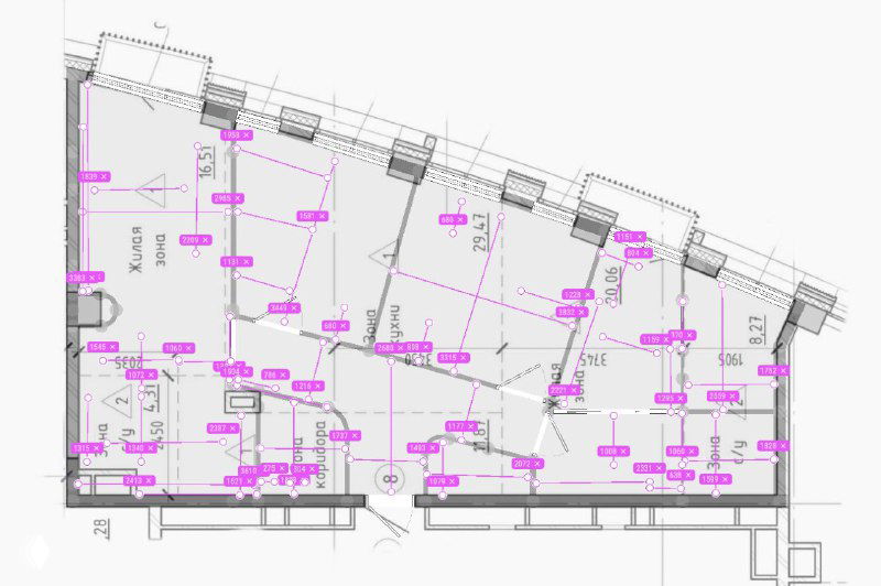 Технический план квартиры с размерами и отметками электрики и розеток: рабочая документация проекта для реализации интерьера в ЖК Форум Сити.