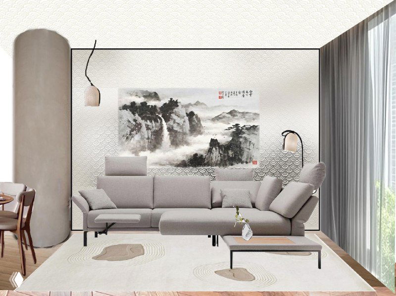 Рендер гостиной с серым диваном и картиной в восточном стиле над ним: мягкая мебель, текстиль и нейтральные оттенки, объединённые декоративной стеной-референсом.