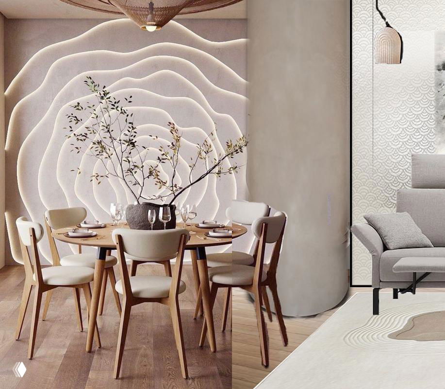 Обеденная зона с круглым столом и деревянными стульями на фоне текстурной стены: сочетание натуральных материалов и мягких световых решений в концепции интерьера.