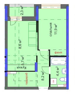 Фрагмент плана с размерами: показаны спальня 11.9 м², зона кухни-гостиной 8.6 м² и санузел 4.4 м²; отмечена раздвижная перегородка и технические решения.