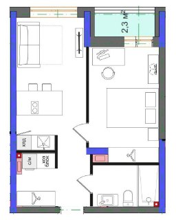 Чёрно-белый план квартиры 38 м² в виде схемы: вид сверху с обозначением зон — кухня, гостиная, спальня, санузел и коридор с указанием размеров и размещения мебели.