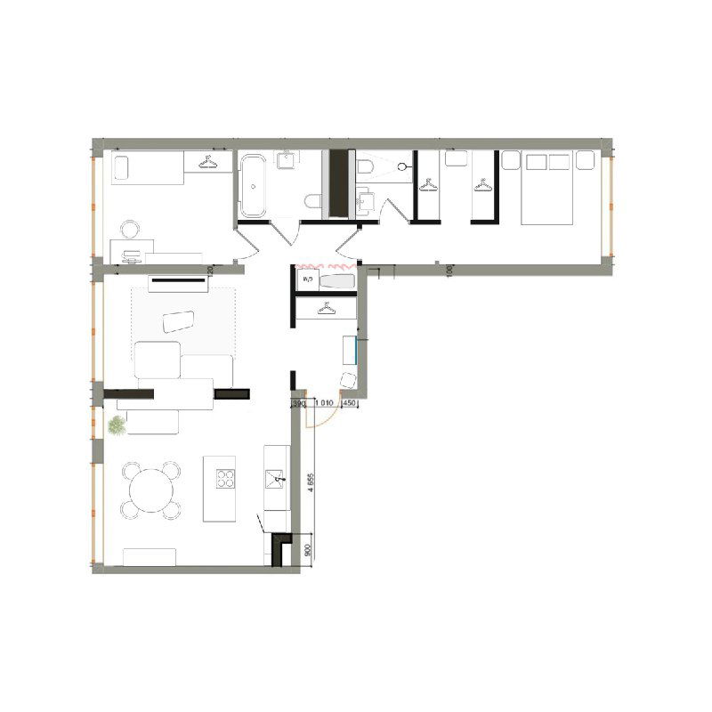 Цветная планировка «после» перепланировки с обозначением кухни‑гостиной, острова, мастер‑спальни, хозблока и детской ванны — финальная схема расстановки.