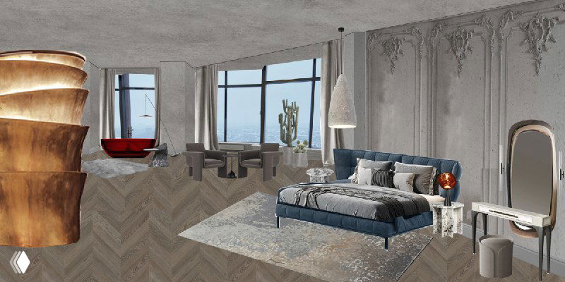 Спальная зона с декоративной лепниной и бархатной мебелью: серые поверхности, яркие акценты и деревянный паркет в единой концепции проекта.