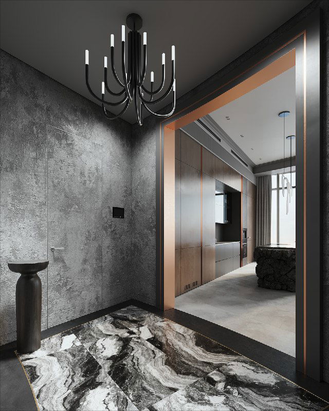 Вид из прихожей через облицованный медью проём в кухню-гостиную; МДФ наличники, напольная плитка и фактурные серые стены создают цельный интерьер.