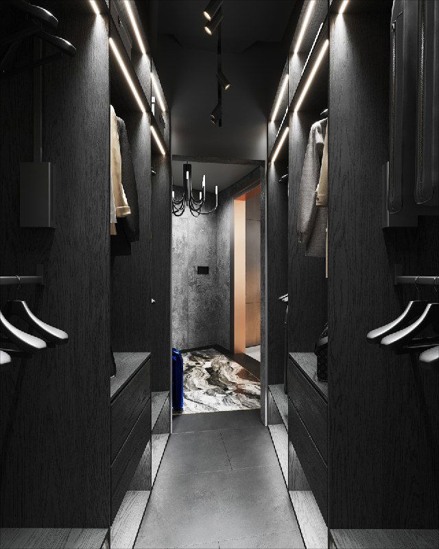 Вид коридора гардеробной с аморфным зеркалом, подвесным светильником и ковром у двери — контраст тёмного и светлого.