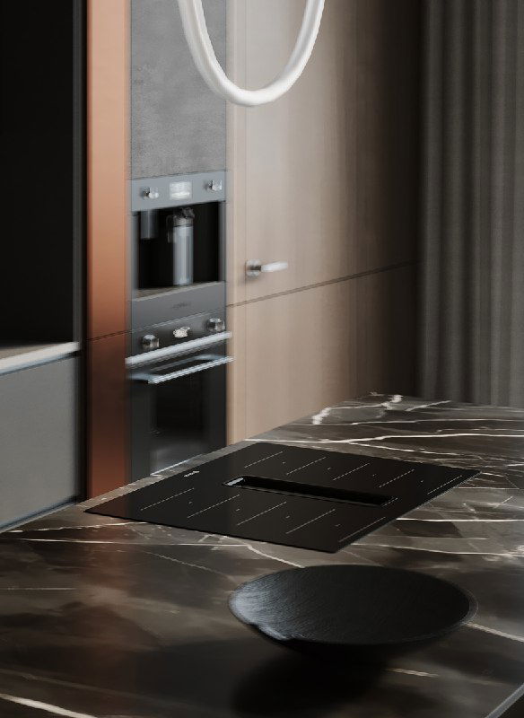 Крупный план рабочей поверхности острова: варочная панель, фактурный камень столешницы и элементы декора на фоне деревянных фасадов.