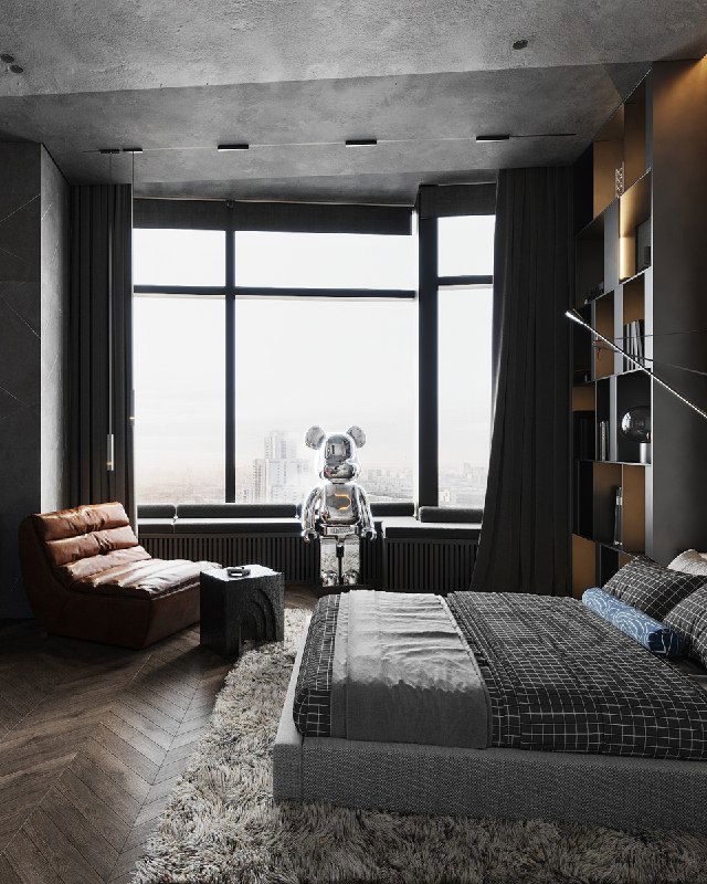 Спальня с видом на город: кровать в индустриальном стиле, стеллаж для коллекции керамических мишек и один выставлен как арт-объект.