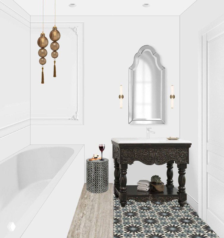 Рендер туалетной зоны и стилизованного зеркала над резной тумбой, акценты в восточном стиле и декоративное освещение создают атмосферу.