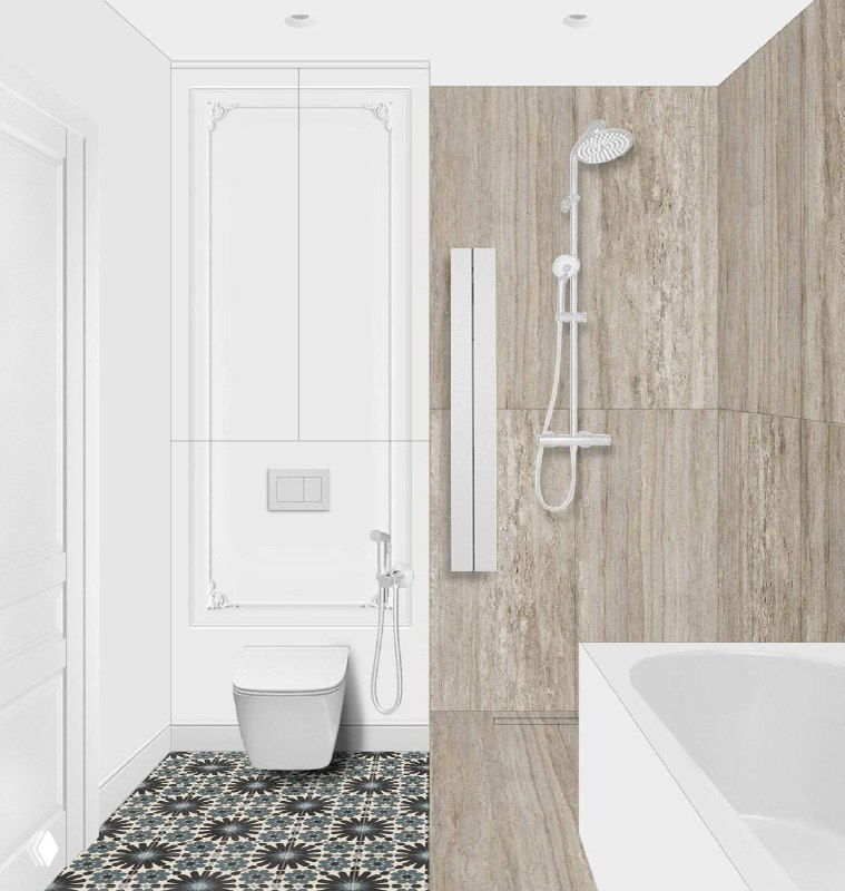 Рендер душевой зоны с настенным покрытием под итальянский травертин, стойкой душа и сочетанием текстур на стенах и полу.