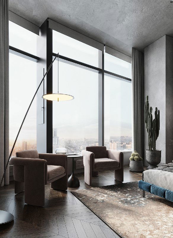 Зона отдыха у панорамного окна: кресла Floria, торшер и вид на город с высоты 46 этажа, мягкие текстуры, ковёр и светлая палитра интерьера.