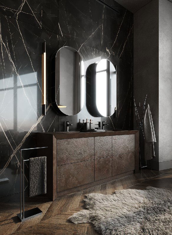 Зона умывания с двумя встроенными раковинами на фоне тёмного керамогранита с золотыми прожилками, овальные зеркала и кварцевый паркет.