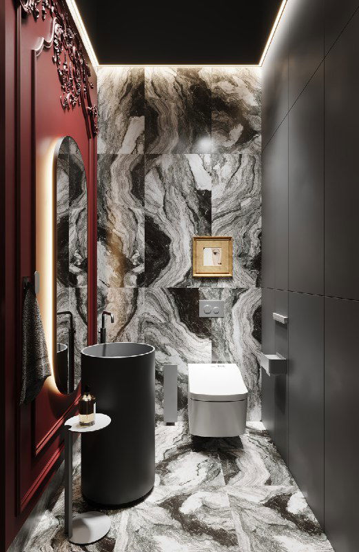 Общий вид санузла: керамогранит с волнообразным чёрно-белым рисунком на полу и стенах, тёмные фасады МДФ и периметральная подсветка потолка.